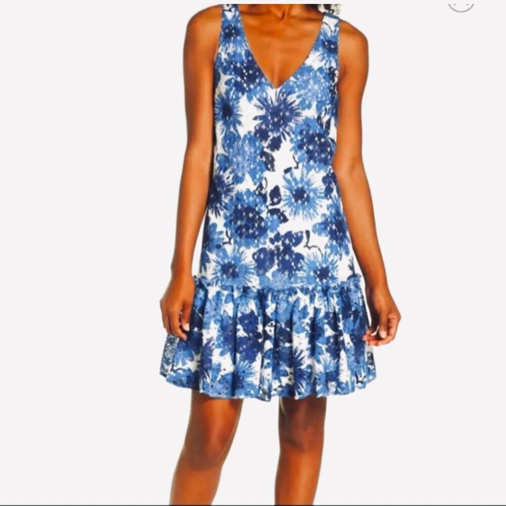 Trina Turk Floral Dress Cocktail/ Party/ Wedding Blue V-Neck XS Lined Cotton Ble